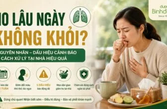 Thumbnail bài ho lâu ngày không khỏi với người phụ nữ ho, biểu tượng cảnh báo và hướng xử lý tại nhà.