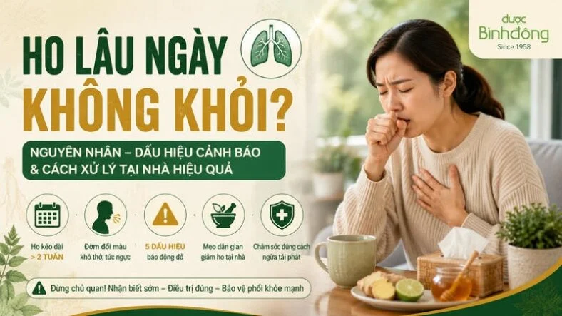 Thumbnail bài ho lâu ngày không khỏi với người phụ nữ ho, biểu tượng cảnh báo và hướng xử lý tại nhà.