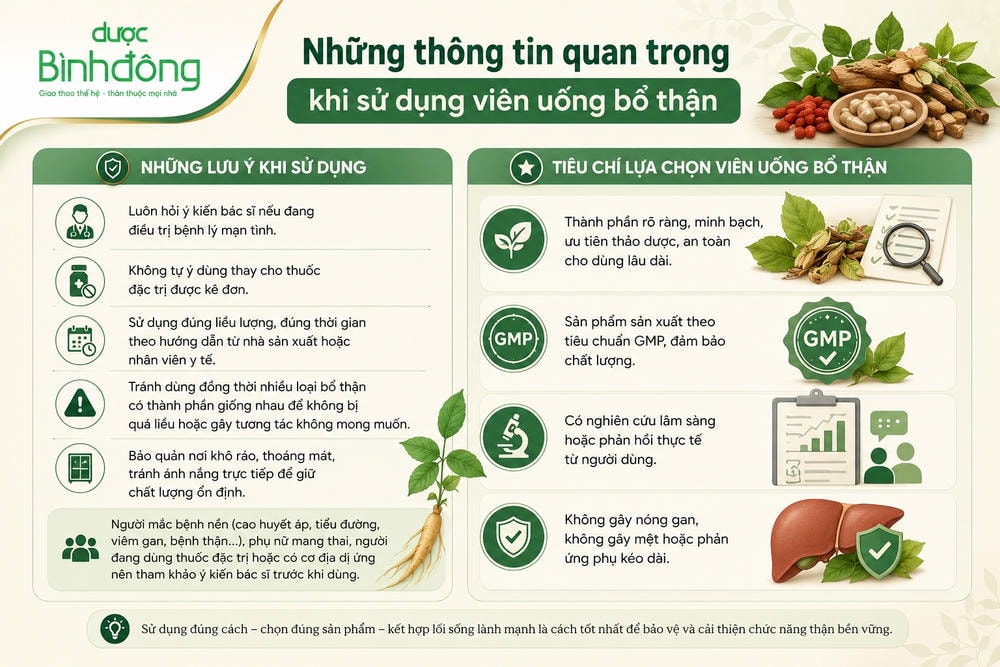 Infographic về lưu ý sử dụng và tiêu chí lựa chọn viên uống bổ thận