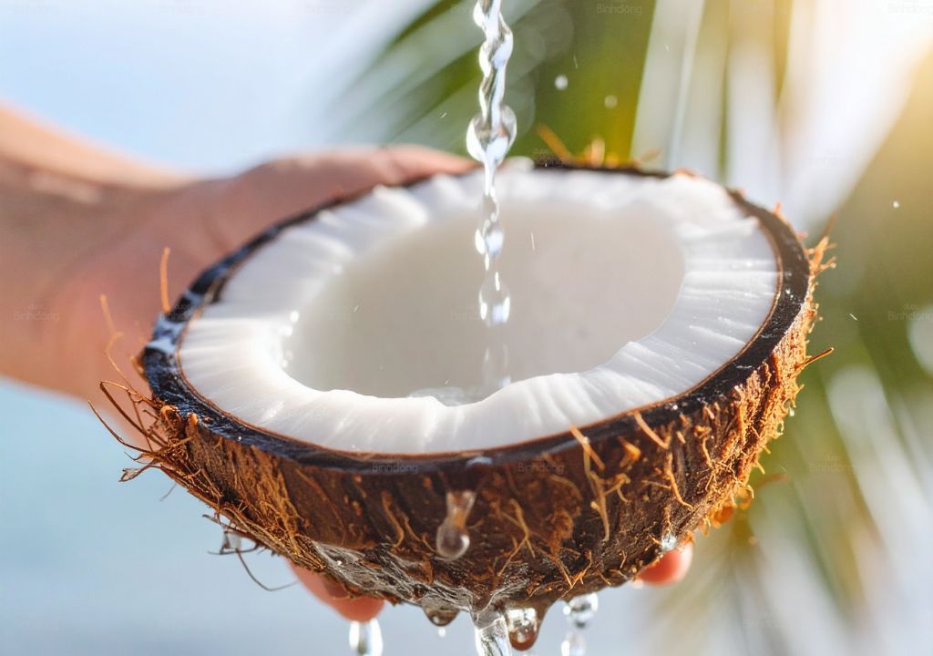 Nước dừa tươi được rót vào nửa trái dừa, hình ảnh minh họa cho lợi ích của nước dừa với sức khỏe và kỳ kinh nguyệt.