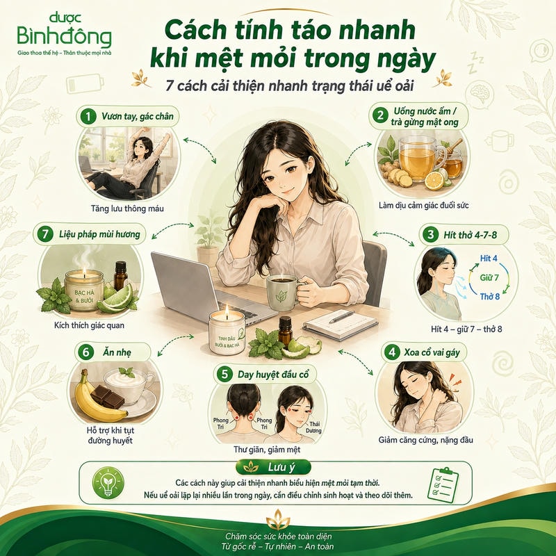 Infographic minh họa 7 cách cải thiện nhanh trạng thái uể oải gồm vận động nhẹ, uống nước ấm, hít thở 4-7-8, xoa cổ vai gáy, day huyệt, ăn nhẹ và liệu pháp mùi hương.