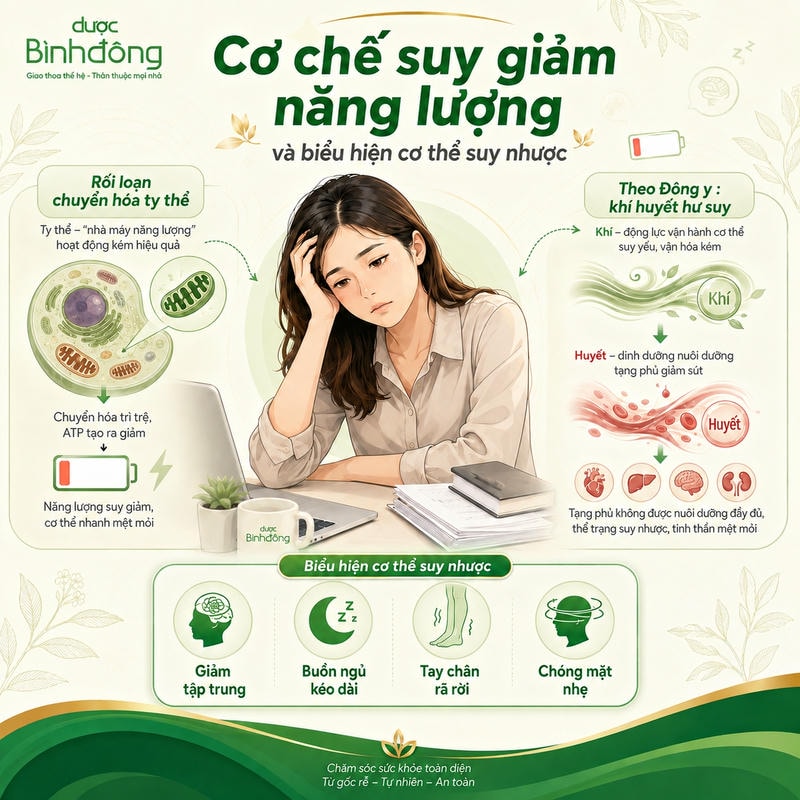 Infographic minh họa cơ chế suy giảm năng lượng gồm rối loạn chuyển hóa ty thể, theo Đông y khí huyết hư suy và 4 biểu hiện cơ thể suy nhược.