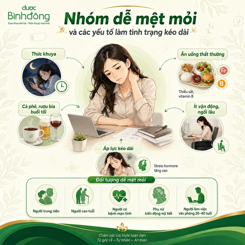 Infographic minh họa 5 nhóm dễ mệt mỏi và 5 yếu tố thói quen khiến tình trạng uể oải kéo dài.