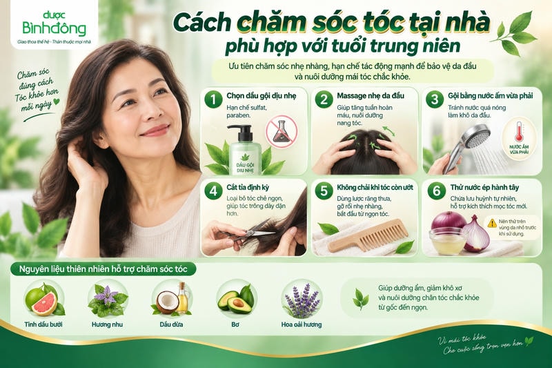 Infographic hướng dẫn 6 cách chăm sóc tóc tuổi trung niên