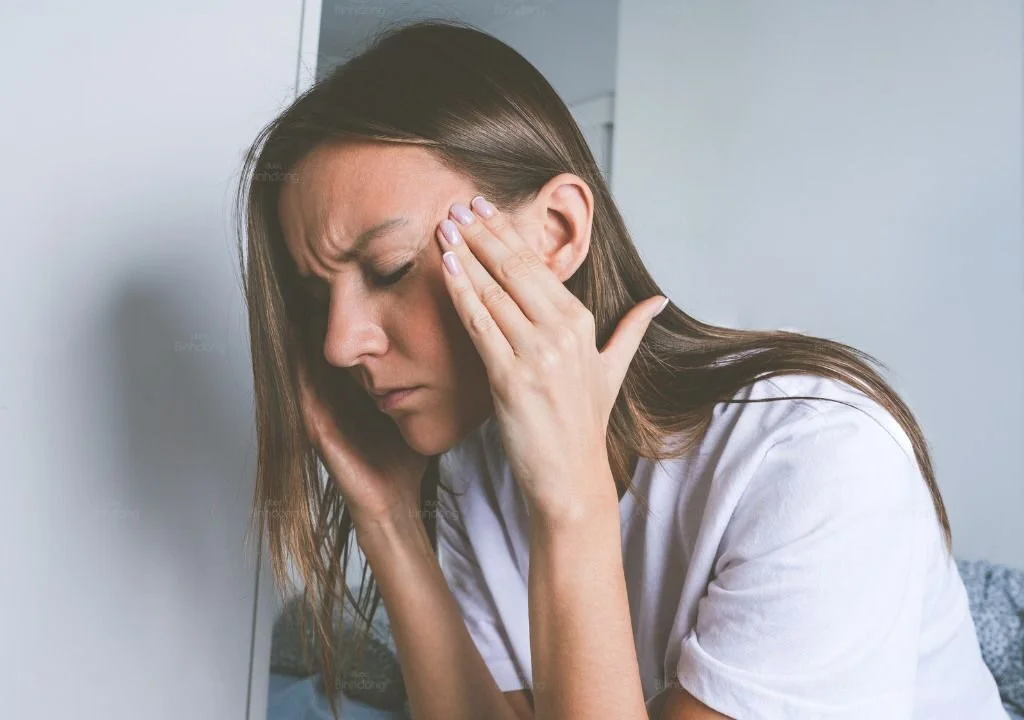 Người phụ nữ ôm vùng thái dương do đau đầu căng thẳng.