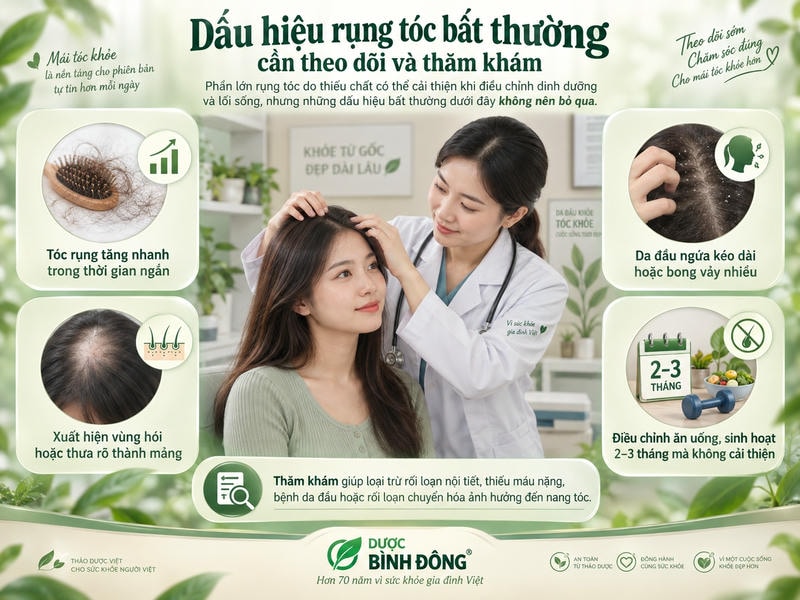 Infographic nêu 4 dấu hiệu rụng tóc bất thường cần theo dõi, kèm cảnh bác sĩ thăm khám da đầu.