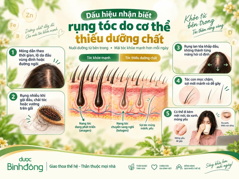 Infographic nêu 5 dấu hiệu rụng tóc liên quan đến thiếu dưỡng chất, kèm cắt lớp nang tóc khỏe và suy yếu.