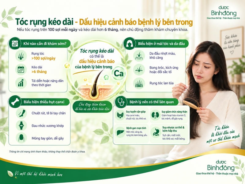 Infographic cảnh báo tóc rụng kéo dài với 4 nhóm thông tin: thời điểm cần đi khám, biểu hiện ở tóc, thiếu hụt canxi và bệnh lý nền liên quan.