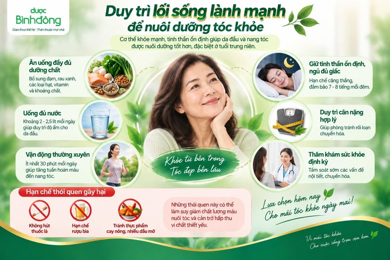Infographic trình bày các thói quen hỗ trợ tóc khỏe gồm dinh dưỡng đầy đủ, uống đủ nước, vận động, ngủ đủ giấc, duy trì cân nặng và khám sức khỏe định kỳ