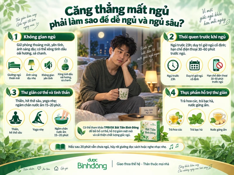 Infographic hướng dẫn thư giãn khi mất ngủ do căng thẳng bằng môi trường ngủ và thói quen buổi tối.
