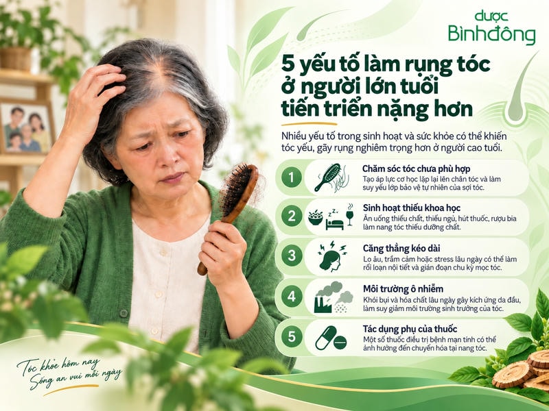 Infographic nêu 5 yếu tố khiến rụng tóc ở người lớn tuổi nặng hơn, từ chăm sóc đến thuốc.