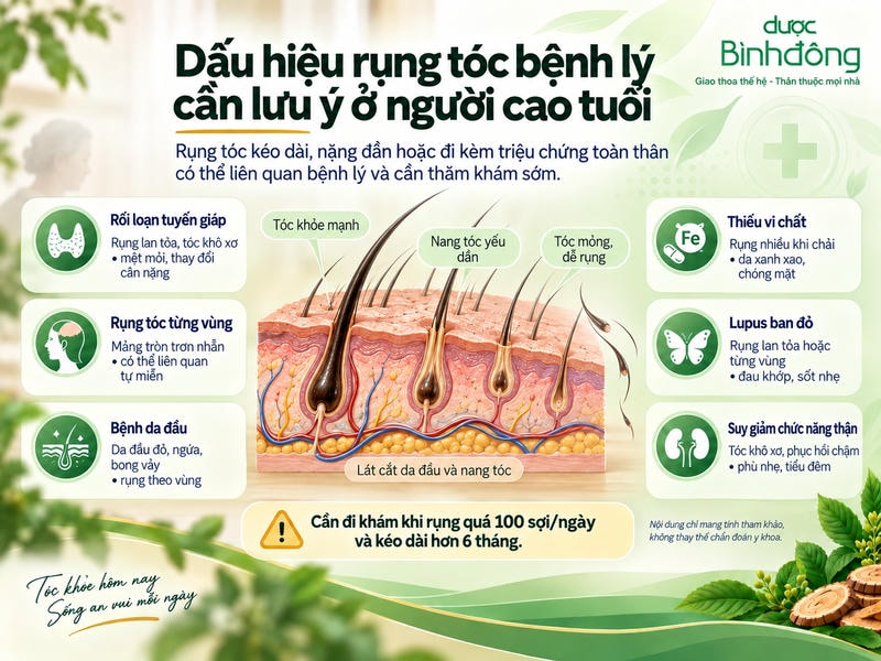 Infographic nêu sáu nhóm bệnh lý liên quan rụng tóc ở người cao tuổi và ngưỡng cần đi khám.