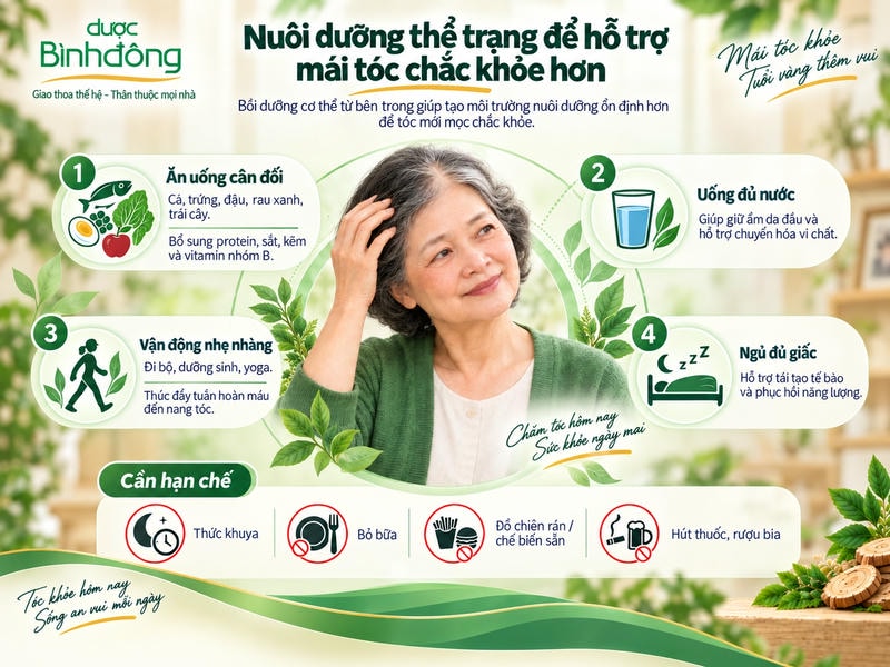 Infographic nêu bốn thói quen hỗ trợ mái tóc người cao tuổi và bốn điều cần hạn chế.