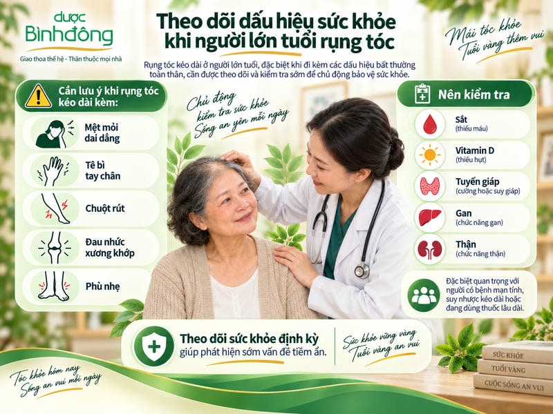 Infographic nêu các dấu hiệu sức khỏe cần theo dõi và nhóm kiểm tra khi người lớn tuổi rụng tóc.