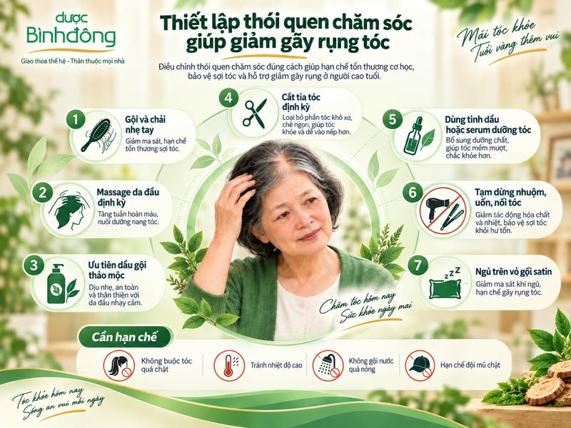 Infographic hướng dẫn 7 thói quen chăm sóc giúp giảm gãy rụng tóc ở người cao tuổi, kèm 4 điều cần hạn chế.