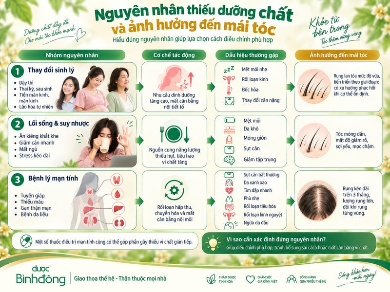 Infographic tổng hợp 3 nhóm nguyên nhân thiếu dưỡng chất, cơ chế tác động, dấu hiệu thường gặp và ảnh hưởng đến mái tóc.