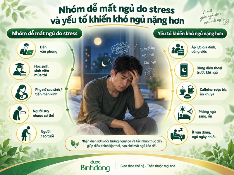 Infographic về nhóm dễ mất ngủ do stress và các yếu tố làm tình trạng khó ngủ nặng hơn