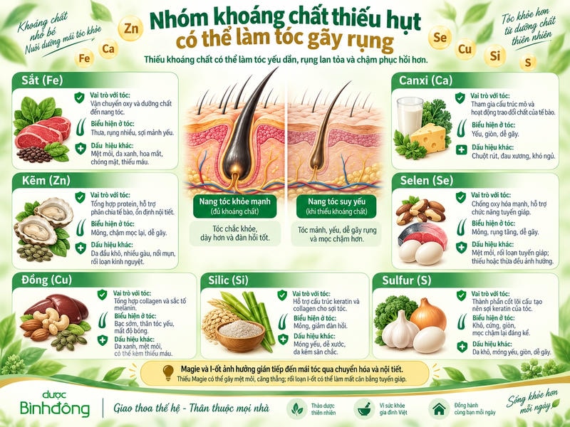 Infographic về 7 khoáng chất, dấu hiệu thiếu hụt và so sánh nang tóc khỏe với tóc suy yếu.