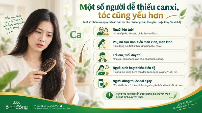 Infographic về 5 nhóm dễ thiếu canxi: người cao tuổi, phụ nữ biến động nội tiết, trẻ tuổi dậy thì, người sinh hoạt thiếu điều độ và dùng thuốc dài ngày.