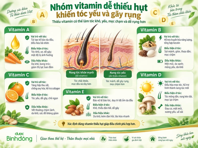 Infographic tổng hợp vitamin A, B, C, D, E cùng vai trò với tóc, biểu hiện thiếu hụt và so sánh nang tóc khỏe - yếu.