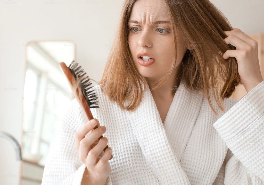 Người phụ nữ lo lắng khi thấy tóc rụng nhiều trên lược do thiếu chất.