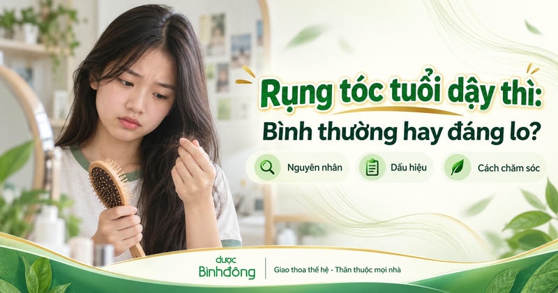 Thumbnail về rụng tóc tuổi dậy thì, minh họa bạn trẻ kiểm tra tóc rụng trên lược cùng các nội dung nguyên nhân, dấu hiệu và cách chăm sóc.