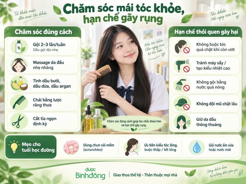 Infographic hướng dẫn chăm sóc tóc tuổi dậy thì, gồm thói quen nên làm, cần tránh và mẹo học đường.