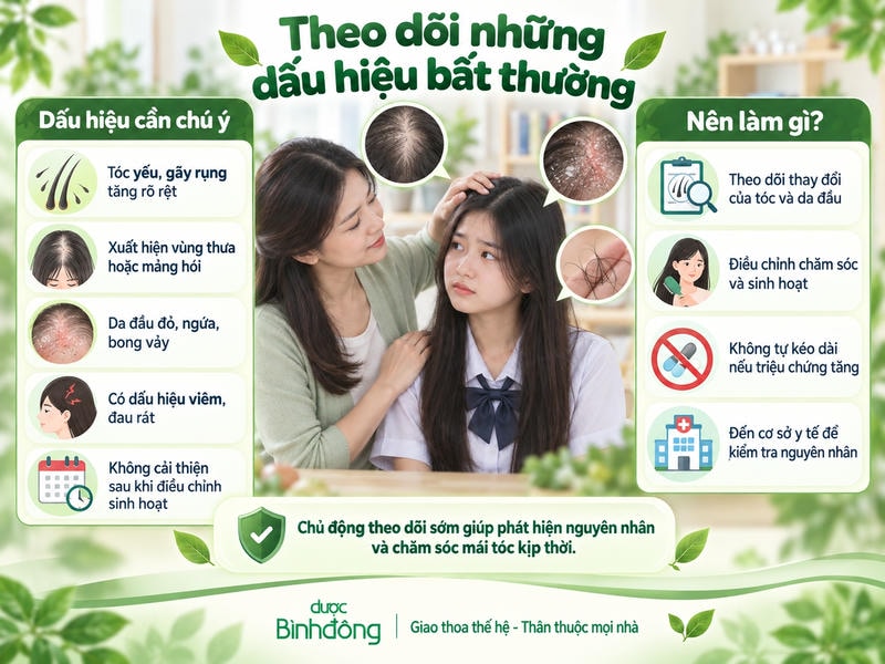 Infographic dấu hiệu bất thường ở tóc tuổi dậy thì, nhấn mạnh theo dõi và thăm khám khi cần.