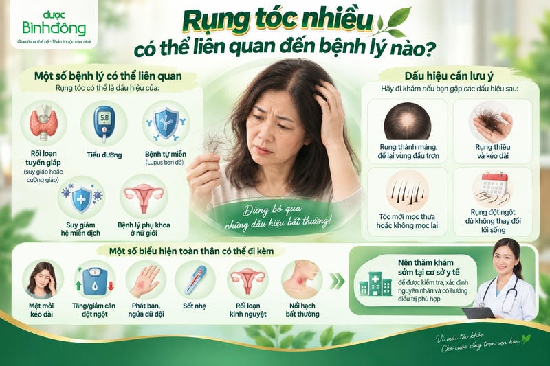 ALT: Infographic trình bày các bệnh lý có thể liên quan đến rụng tóc, dấu hiệu bất thường và biểu hiện toàn thân cần lưu ý, kèm khuyến nghị thăm khám để xác định nguyên nhân.
