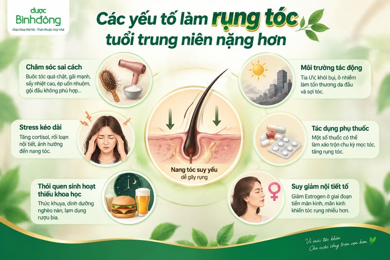 Infographic trình bày 6 yếu tố có thể làm rụng tóc tuổi trung niên nặng hơn