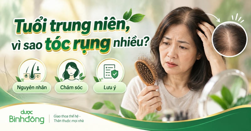 Thumbnail về rụng tóc tuổi trung niên, minh họa phụ nữ kiểm tra tóc rụng trên lược và vùng tóc thưa. Ba nội dung gồm nguyên nhân, chăm sóc và lưu ý.