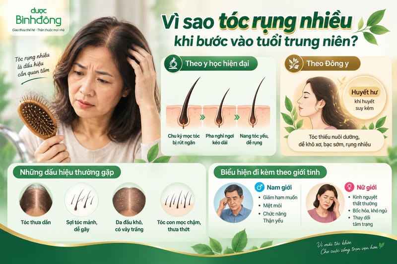 Infographic giải thích rụng tóc tuổi trung niên theo y học hiện đại và Đông y, kèm các dấu hiệu thường gặp ở nam và nữ.