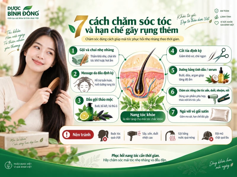 Infographic minh họa 7 cách chăm sóc tóc giảm gãy rụng, kèm sơ đồ nang tóc và 4 thói quen cần tránh.