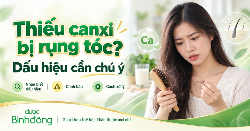 Thumbnail thiếu canxi bị rụng tóc với phụ nữ quan sát tóc rụng trên lược, bên cạnh biểu tượng canxi và nang tóc.