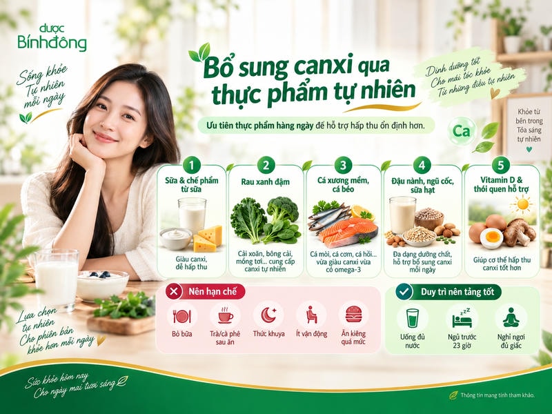 Infographic hướng dẫn bổ sung canxi qua sữa, rau xanh, cá, đậu và vitamin D, kèm thói quen nên duy trì hoặc hạn chế.