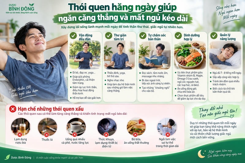 Infographic nêu năm thói quen hằng ngày giúp hạn chế căng thẳng và mất ngủ kéo dài.