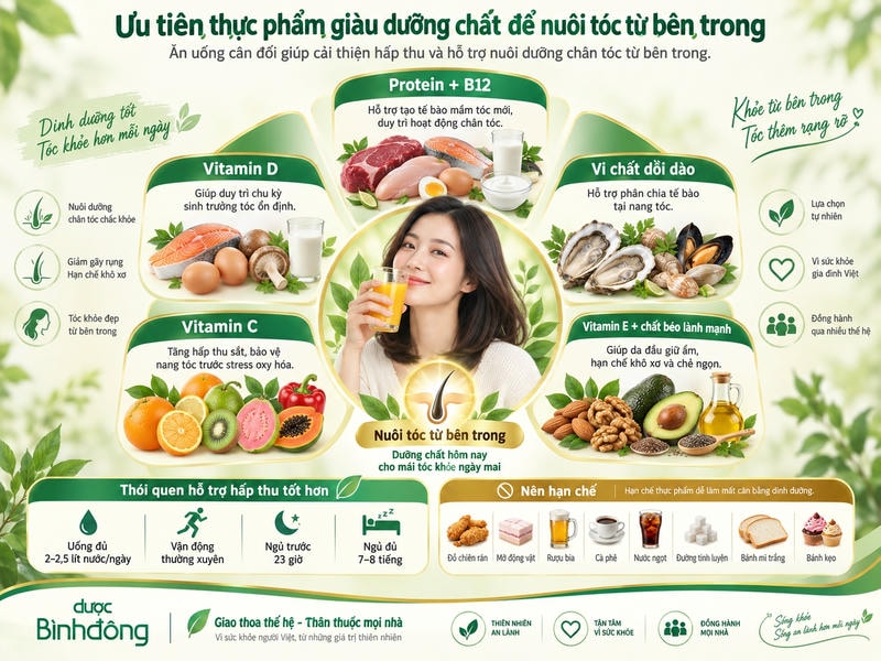Infographic thực phẩm giàu dưỡng chất cho tóc, kèm thói quen hỗ trợ hấp thu và nhóm nên hạn chế.