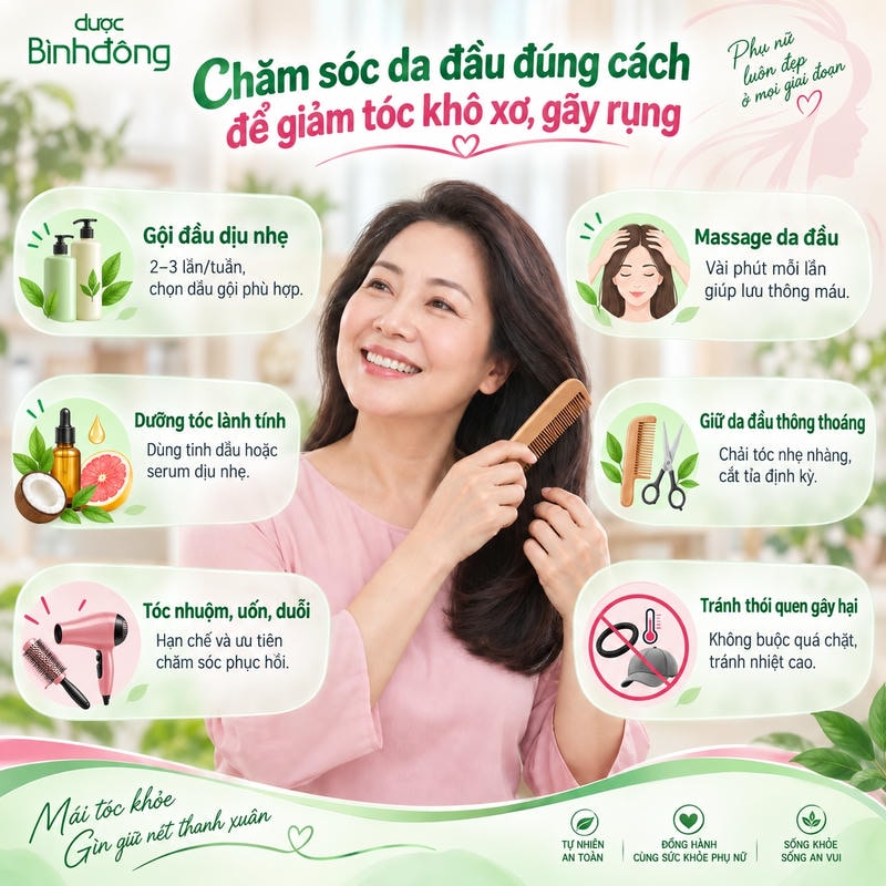 Infographic hướng dẫn 6 cách chăm sóc da đầu để hạn chế tóc khô xơ và gãy rụng.