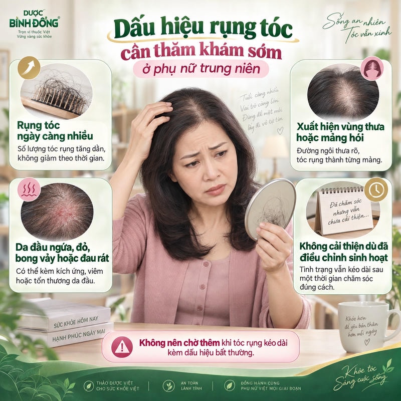 Infographic nêu 4 dấu hiệu rụng tóc ở phụ nữ trung niên cần chủ động thăm khám sớm.