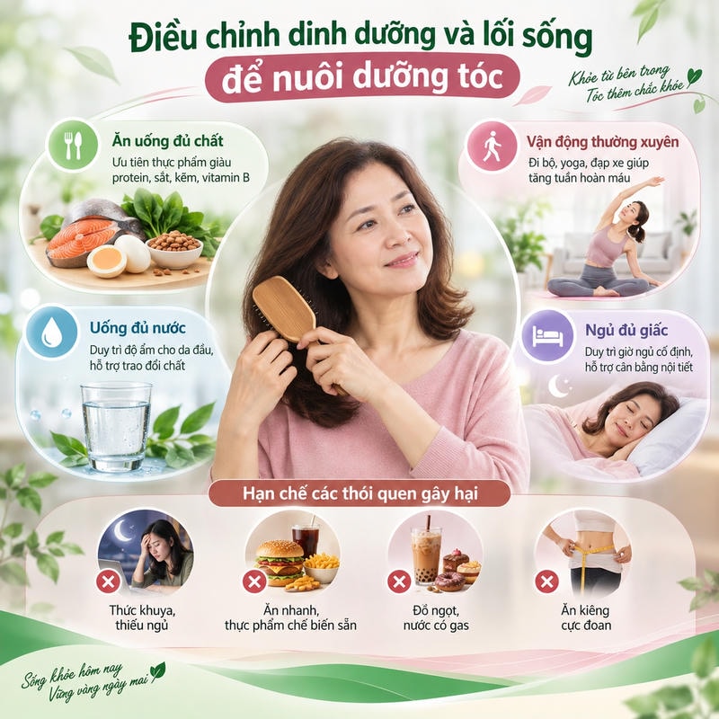 Infographic tổng hợp dinh dưỡng, vận động, giấc ngủ và thói quen nên hạn chế để chăm sóc tóc.