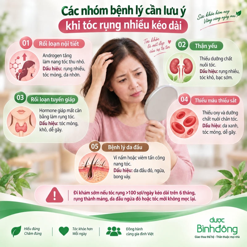 Infographic liệt kê 5 nhóm bệnh lý cần lưu ý khi tóc rụng kéo dài cùng dấu hiệu đi kèm.