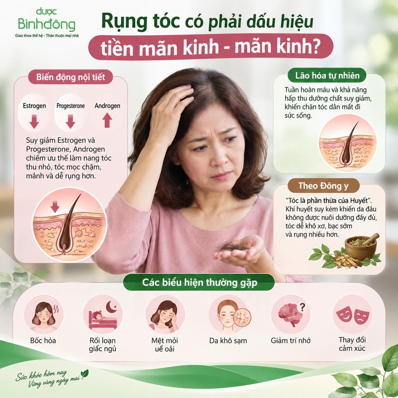 Infographic trình bày biến động nội tiết, lão hóa và biểu hiện thường gặp ở giai đoạn tiền mãn kinh.