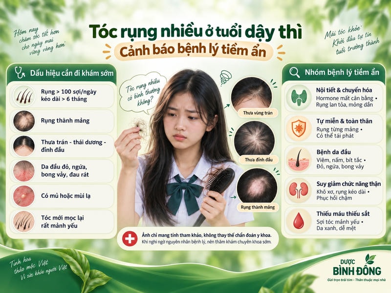 Infographic cảnh báo rụng tóc tuổi dậy thì, gồm dấu hiệu cần khám sớm và nhóm bệnh lý tiềm ẩn.