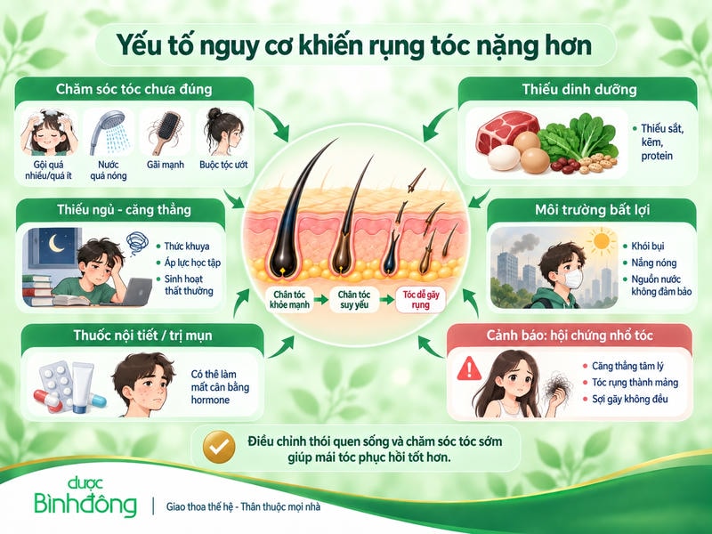 Infographic cho thấy nhiều yếu tố nguy cơ làm chân tóc suy yếu và tóc dễ gãy rụng ở tuổi dậy thì.