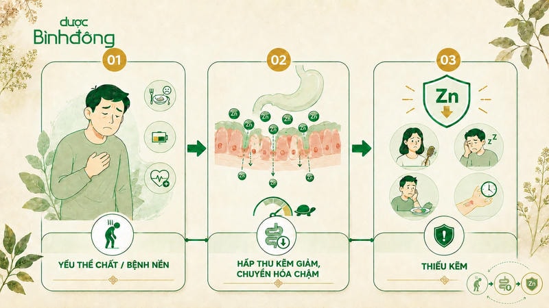 Sơ đồ minh họa yếu thể chất hoặc bệnh nền làm giảm hấp thu, chuyển hóa chậm và dẫn đến thiếu kẽm.
