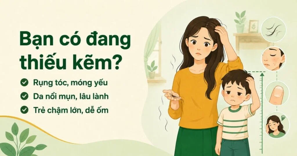Dấu hiệu thiếu kẽm gồm rụng tóc, móng yếu, da nổi mụn, vết thương lâu lành và trẻ chậm lớn, dễ ốm