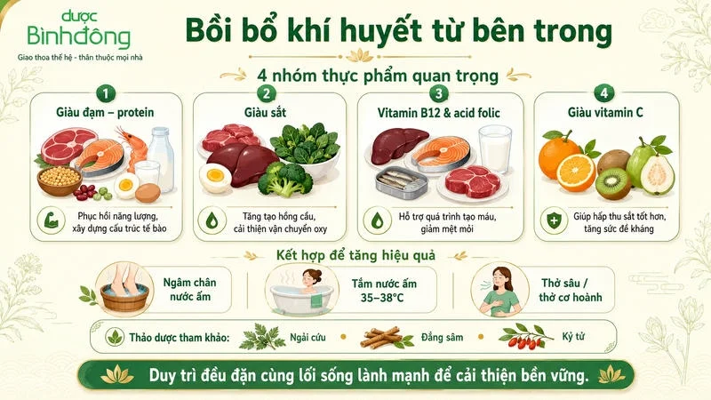 Infographic trình bày bốn nhóm thực phẩm, ba cách hỗ trợ và thảo dược tham khảo cho khí huyết.