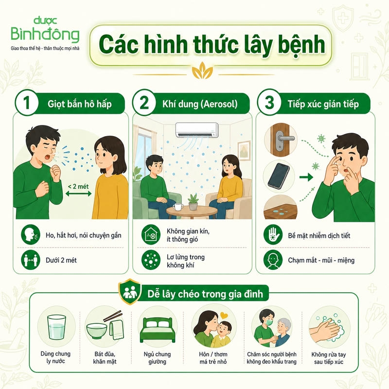 Infographic trình bày ba hình thức lây bệnh