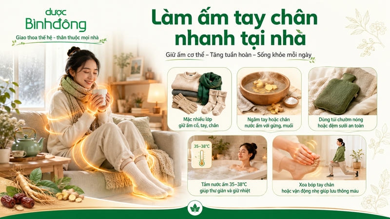 Infographic trình bày các cách làm ấm tay chân tại nhà bằng giữ nhiệt, nước ấm và vận động nhẹ.