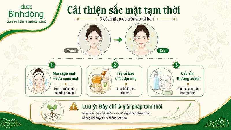 Infographic minh họa 3 cách cải thiện sắc mặt tạm thời gồm massage mặt với nước mát, tẩy tế bào chết dịu nhẹ và cấp ẩm thường xuyên.